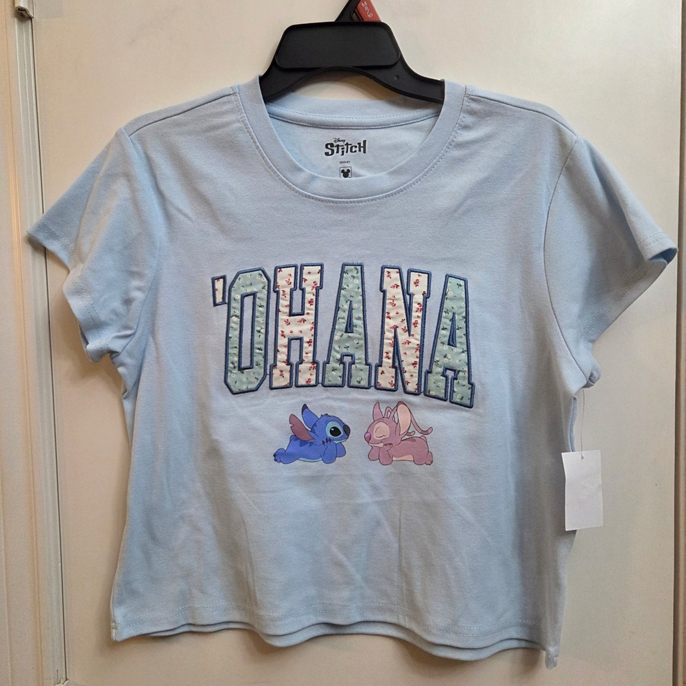 Disney Stitch Angel Ohana Light Blue Graphic Tee Kids Size M 7/8 Short Sleeve